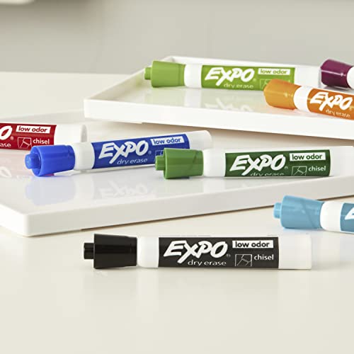 EXPO Low Odor Dry Erase Marker Set with White Board Eraser and Cleaner, Chisel Tip Dry Erase Markers, Assorted Colors, 6 Piece Set with Whiteboard Cleaner-UPStoxs
