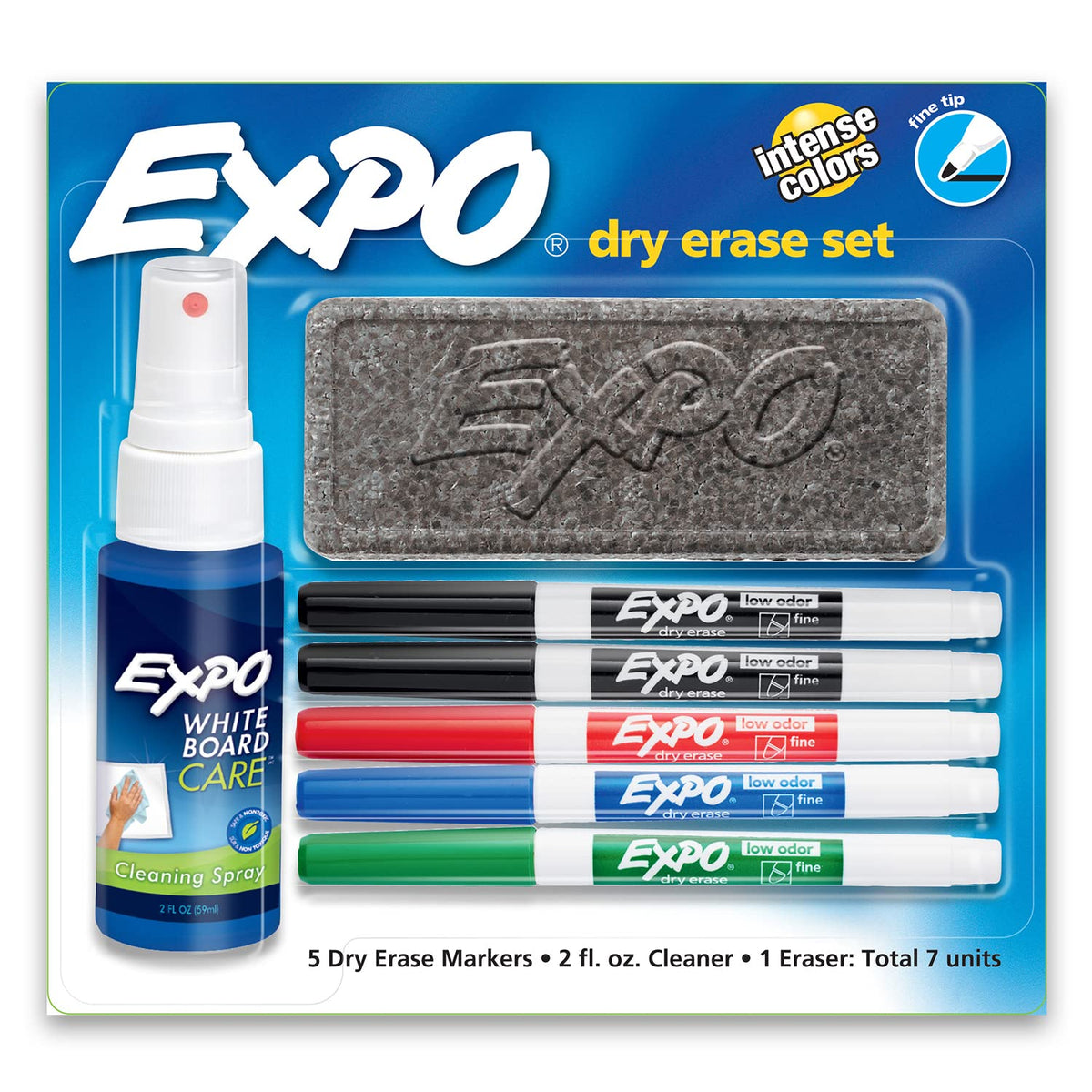 EXPO Low Odor Dry Erase Marker Set with White Board Eraser and Cleaner, Fine Tip Dry Erase Markers, Assorted Colors, 7 Piece Set with Whiteboard Cleaner-UPStoxs