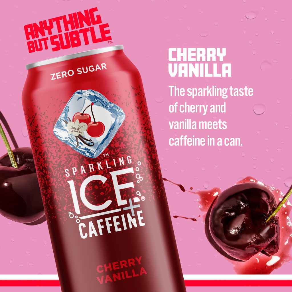 Sparkling Ice +Caffeine Cherry Vanilla Sparkling Water with Caffeine, Zero Sugar, with Antioxidants and Vitamins,16 fl oz Cans (Pack Of 12)-UPStoxs