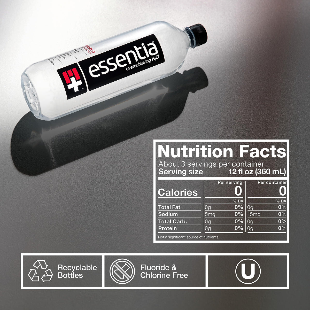 Essentia Water LLC , 99.9% Pure, Infused with Electrolytes for a Smooth Taste, pH 9.5 or Higher; Ionized Alkaline Water, Black, 42.3 Fl Oz (Pack of 12)-UPStoxs